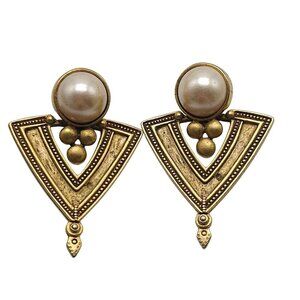 Vintage Gold Tone Statement Earrings Egyptian Revival Faux Pearl Geometric
